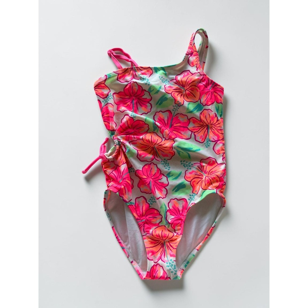 Cat & Jack Girls Hibiscus Floral One Piece Swimsuit Pink Orange UPF 50+ S 6/7